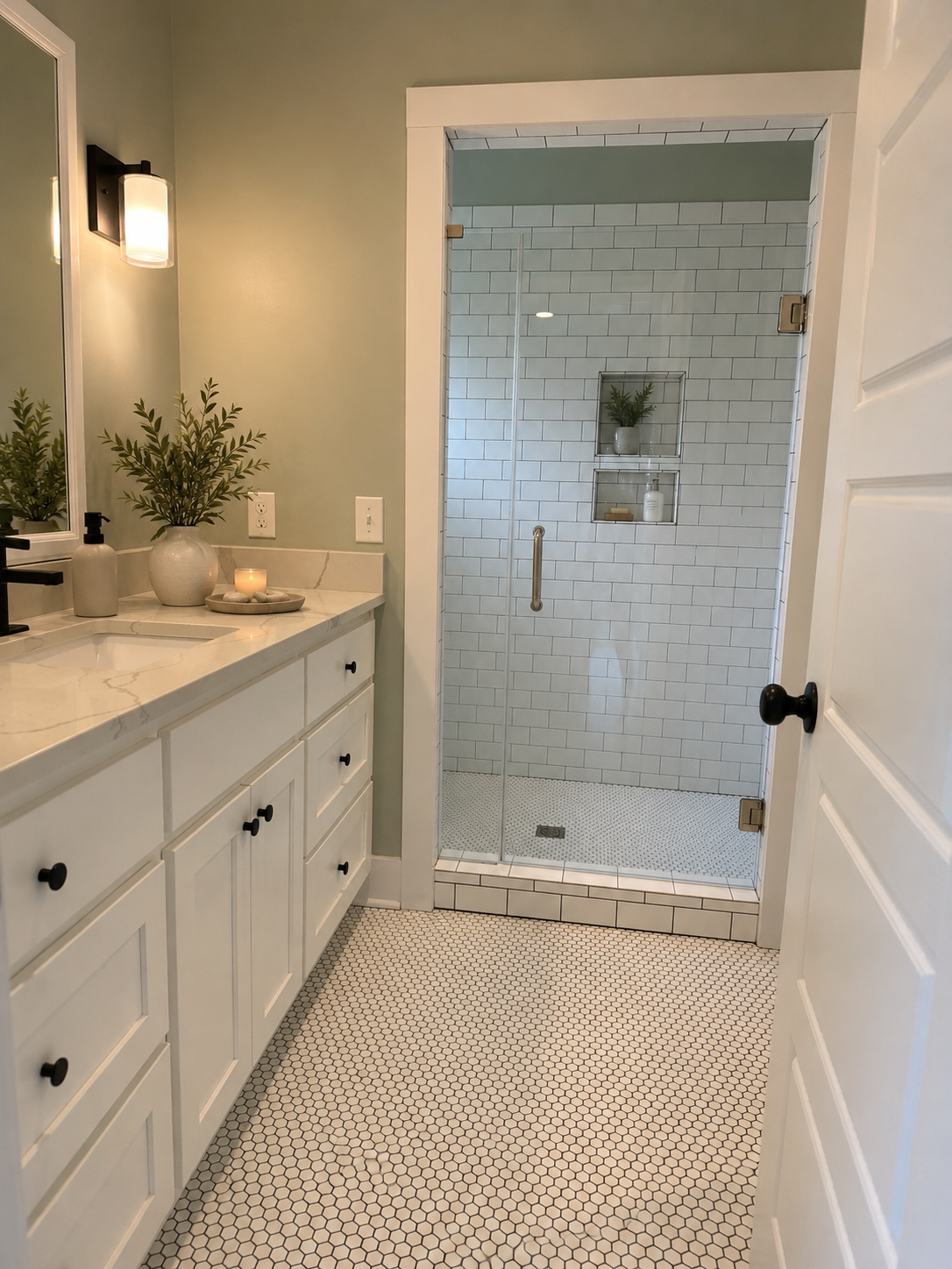 Primary bathroom vanity and glass shower with hex tile flooring