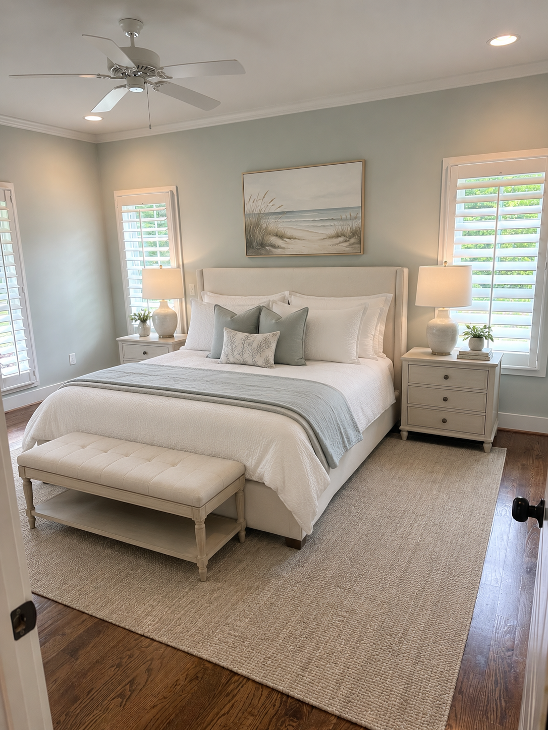 Primary bedroom from the doorway with coastal artwork and bench seating
