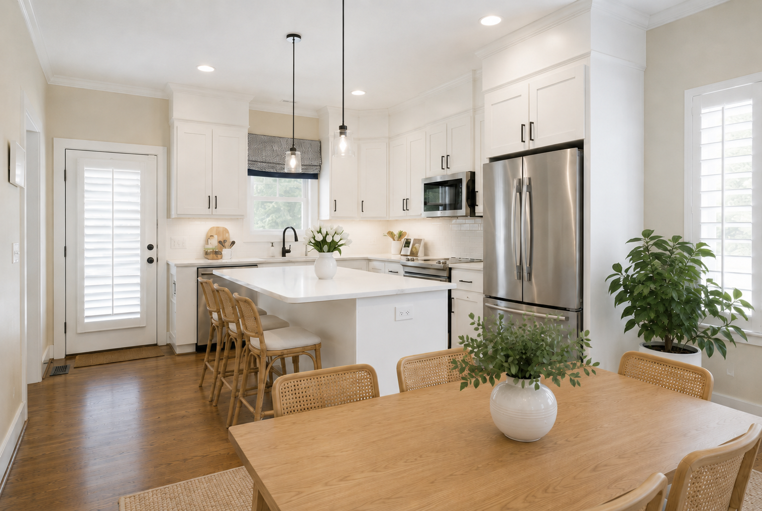 Kitchen and dining area with white cabinetry, quartz island, and hardwood floors