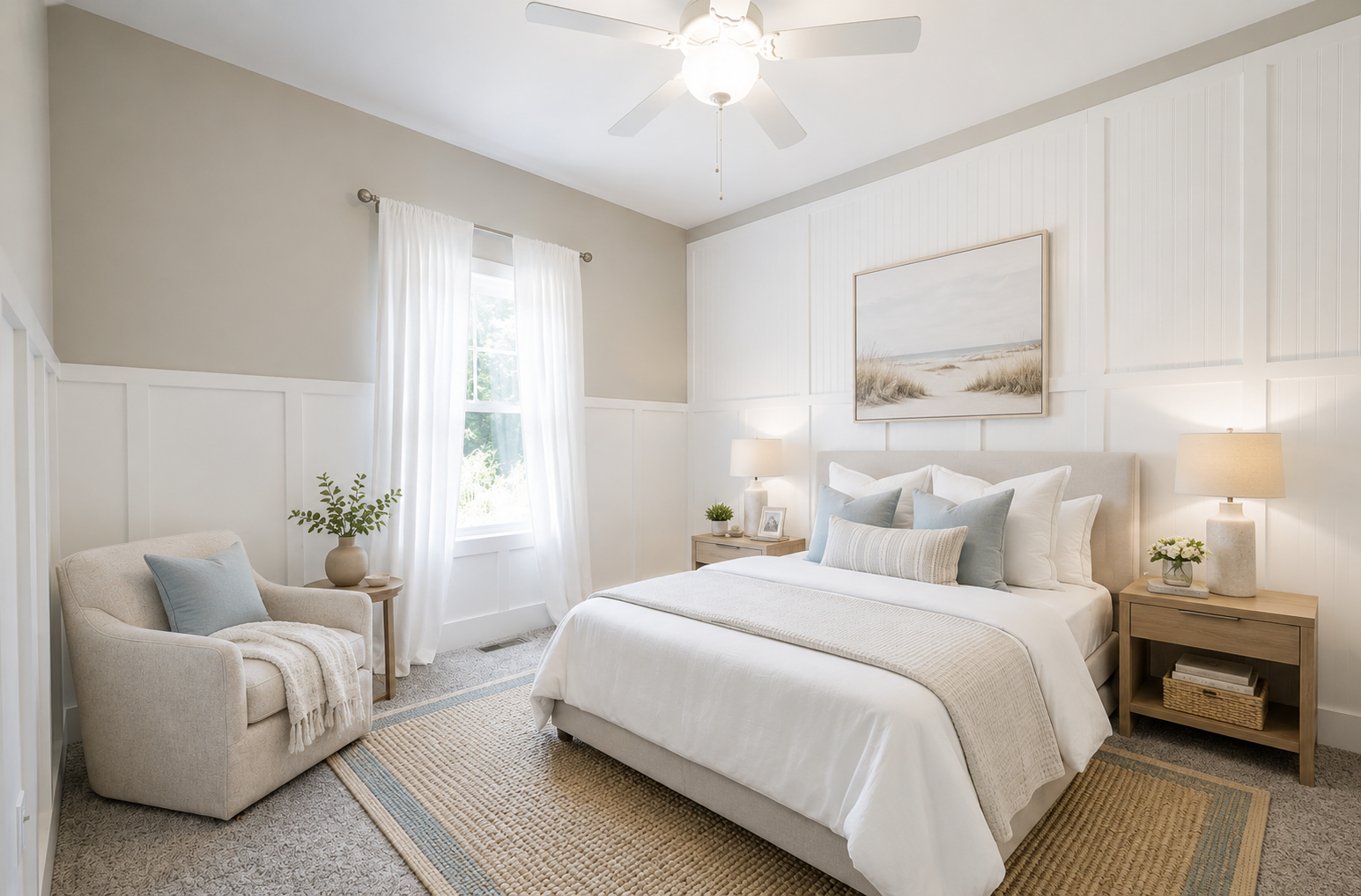 Guest bedroom with board-and-batten wainscoting, reading chair, and natural light