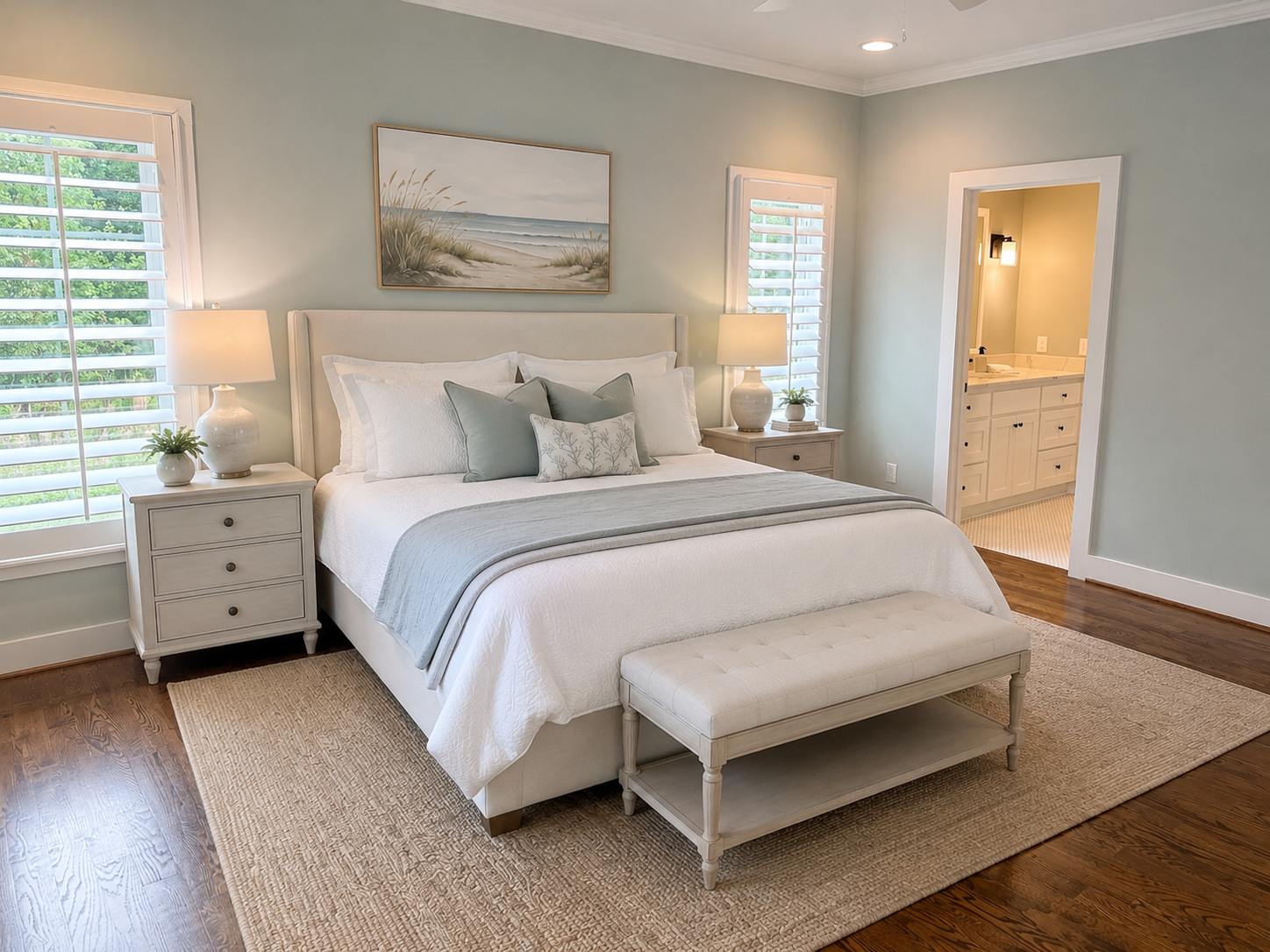 Primary bedroom with sage walls, upholstered bed, and ensuite entrance