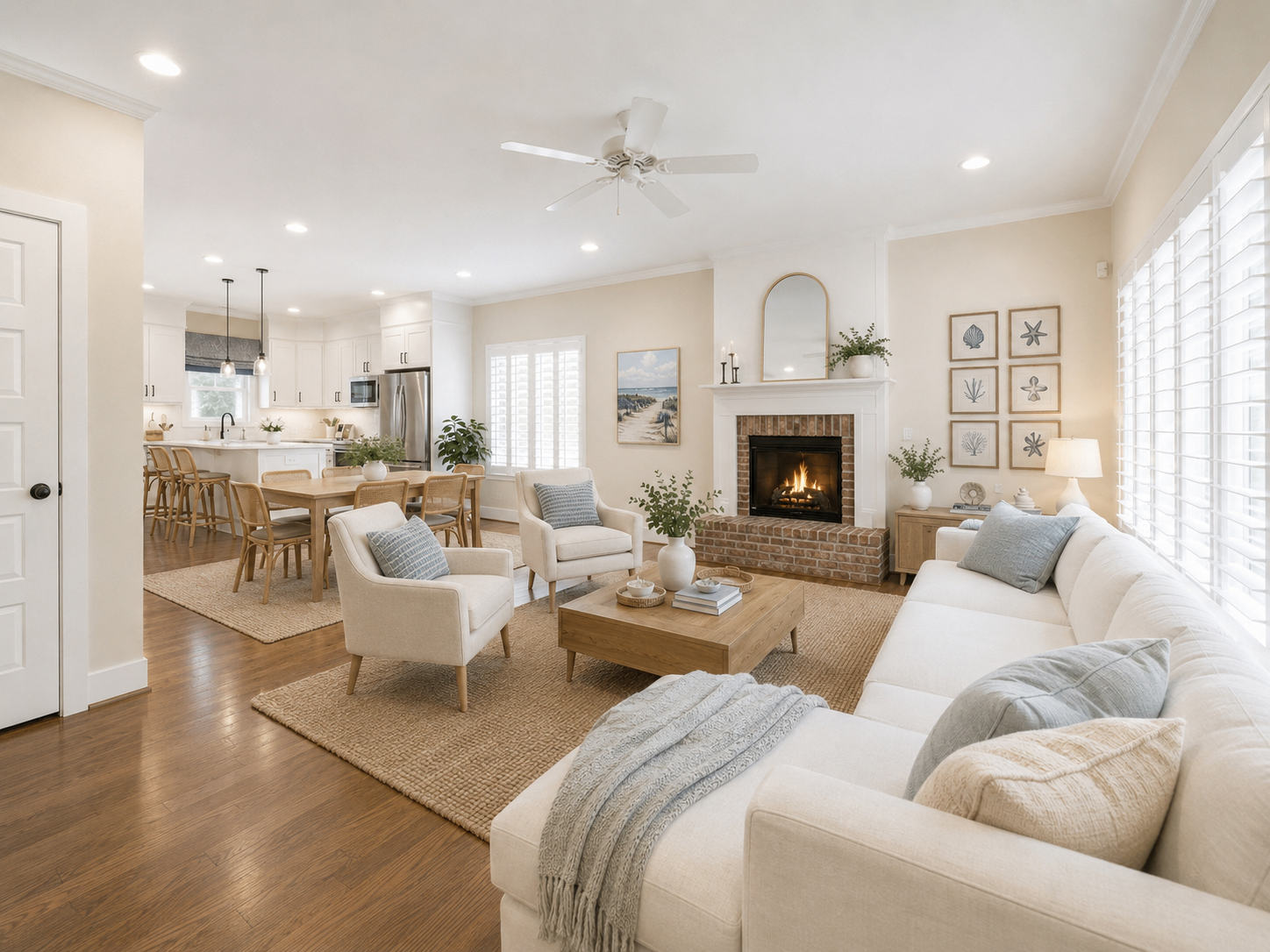 Open living room with brick fireplace, dining area, and kitchen beyond